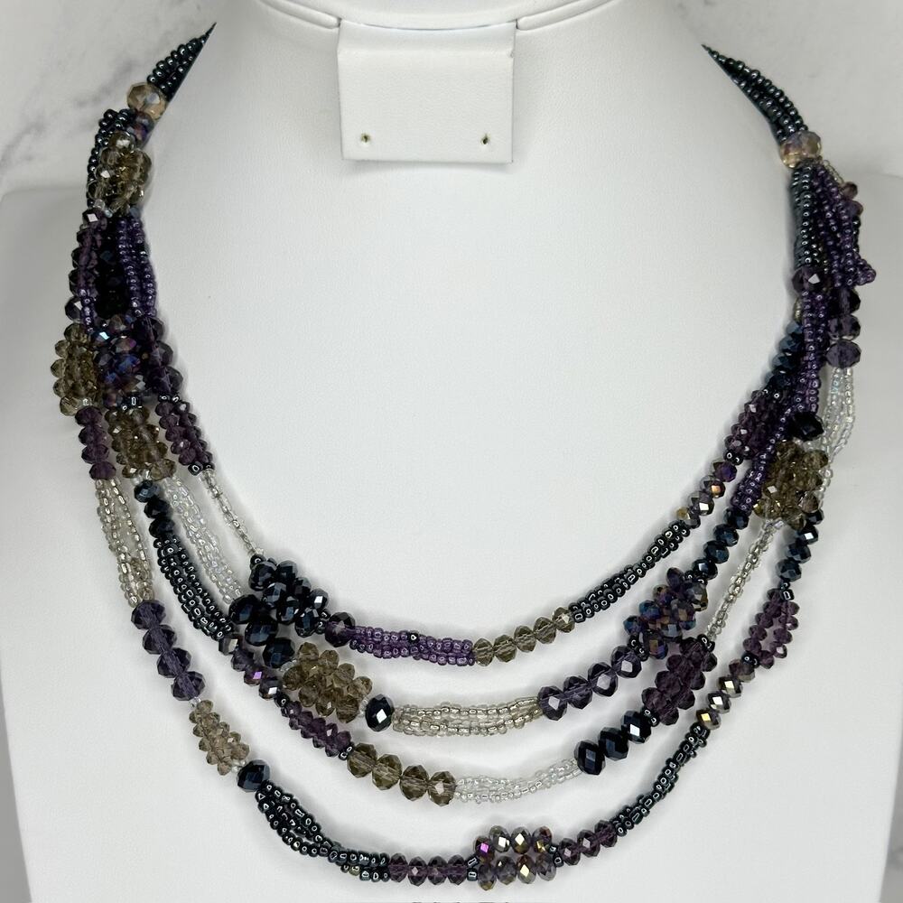 Chico's Purple Multi Strand Faceted Beaded Statement Necklace Silver ✨